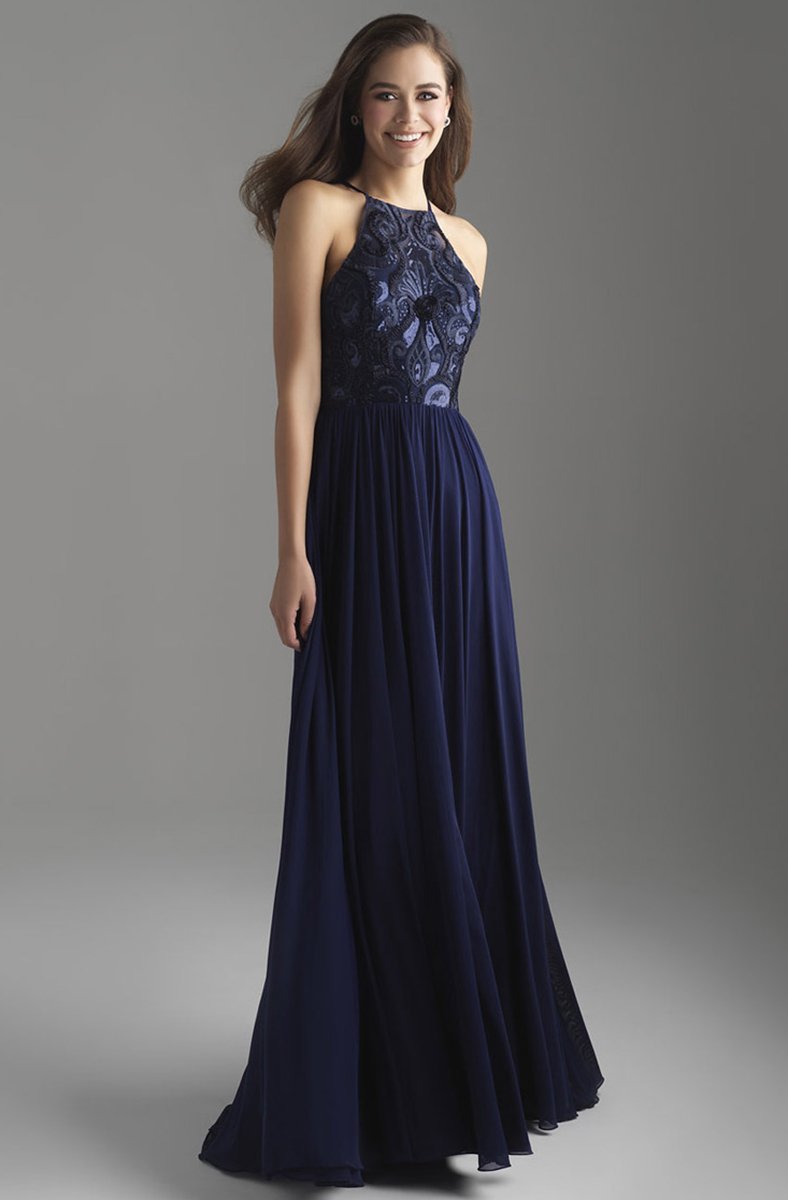 Sequin Embroidered Halter A-Line Evening Gown 18-605 in Blue