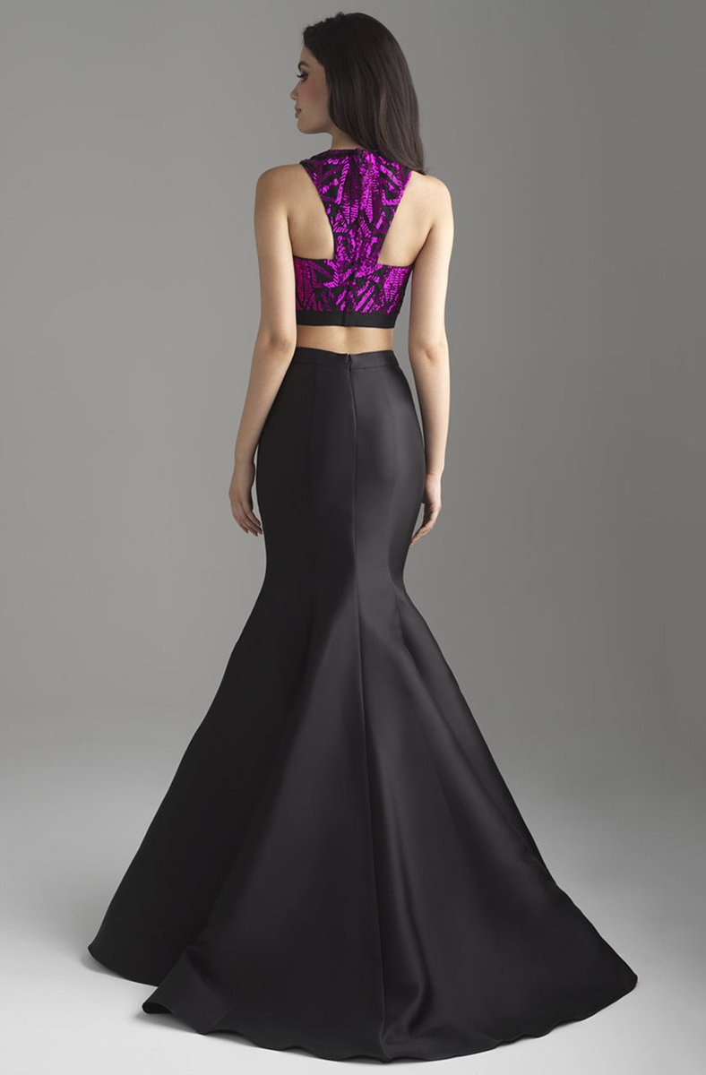 Madison James - 18-637 Two Piece Crop Top Mikado Mermaid Gown In Pink and Black