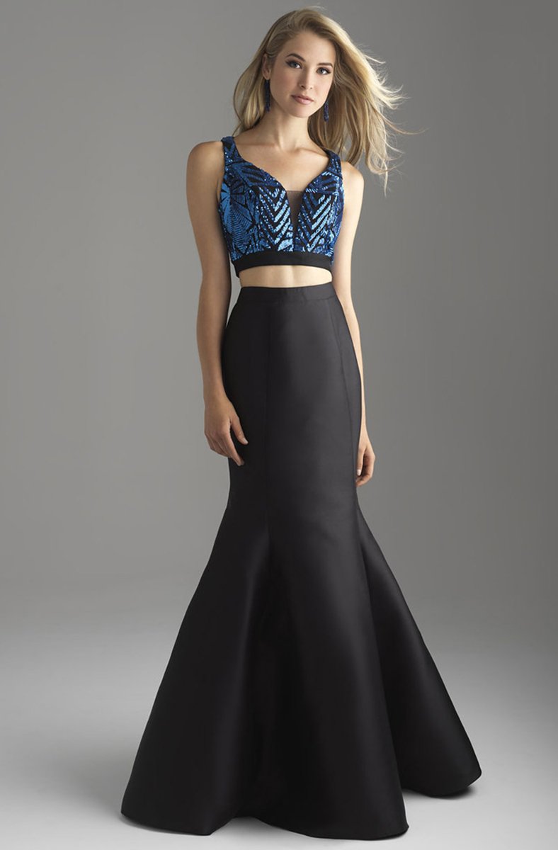 Madison James - 18-637 Two Piece Crop Top Mikado Mermaid Gown In Blue and Black
