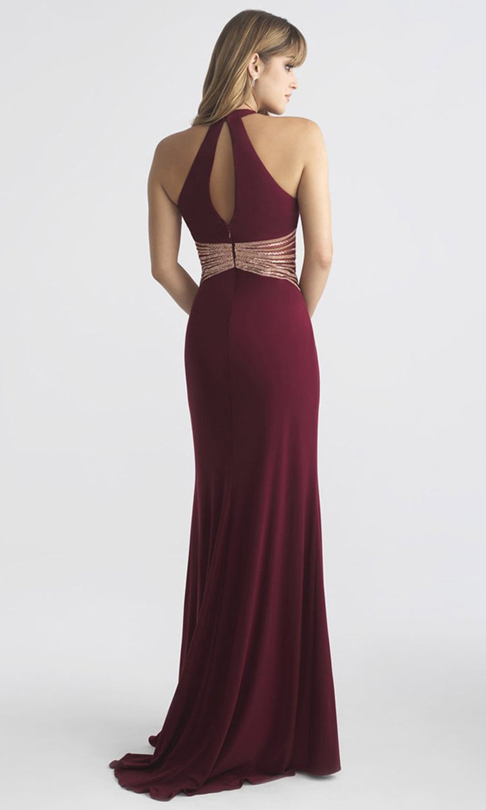 Madison James - 18-661 Fitted Halter Neck Keyhole Cutout Evening Dress In Red