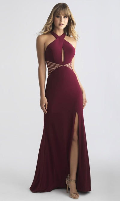 Madison James - 18-661 Fitted Halter Neck Keyhole Cutout Evening Dress In Red