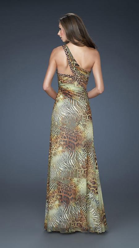 La Femme - One-Shoulder with Side Cutout Printed Evening Dress 18090 in Multi-Color
