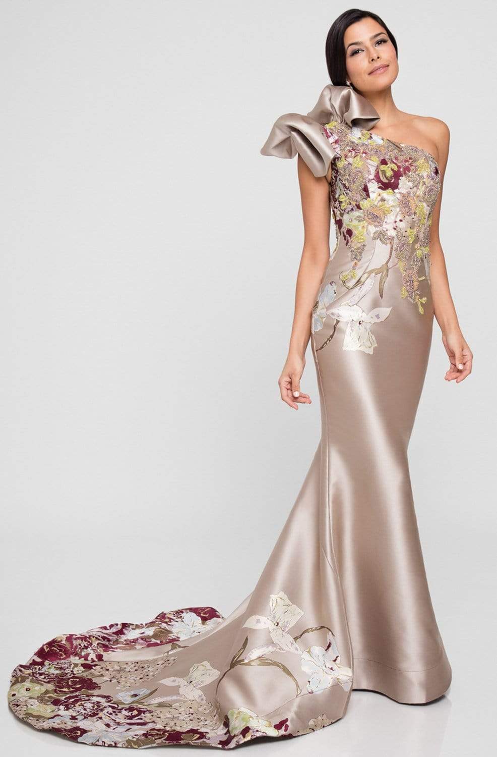 Terani Couture - 1811E6123 Multi-Colored Asymmetric Sheath Dress Special Occasion Dress 0 / Champagne Multi