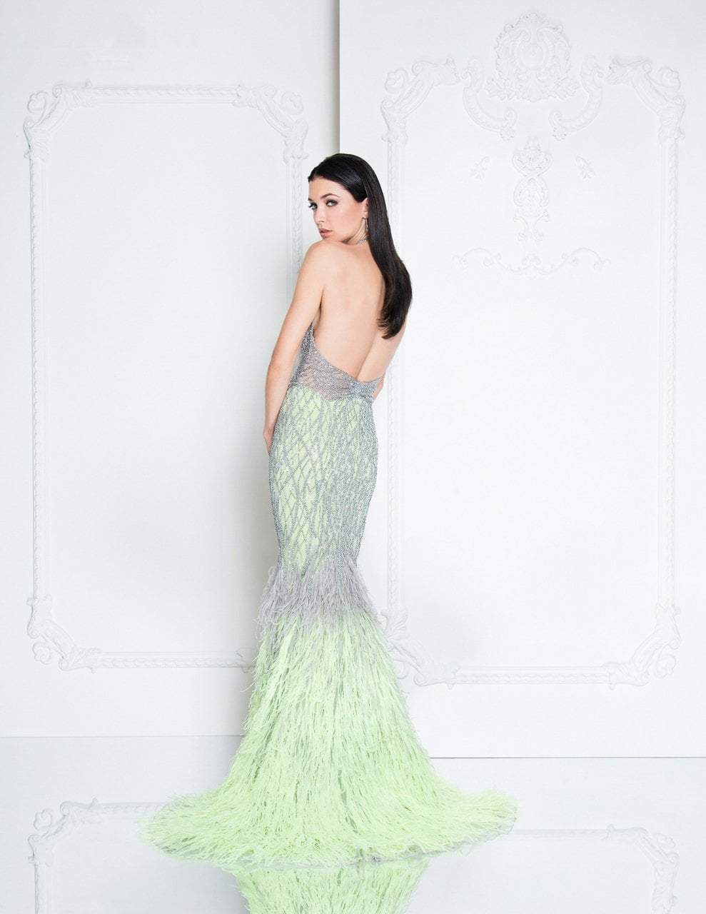Terani Couture - 1811GL6407 Silver Embellished Halter Mermaid Dress In Silver and Green