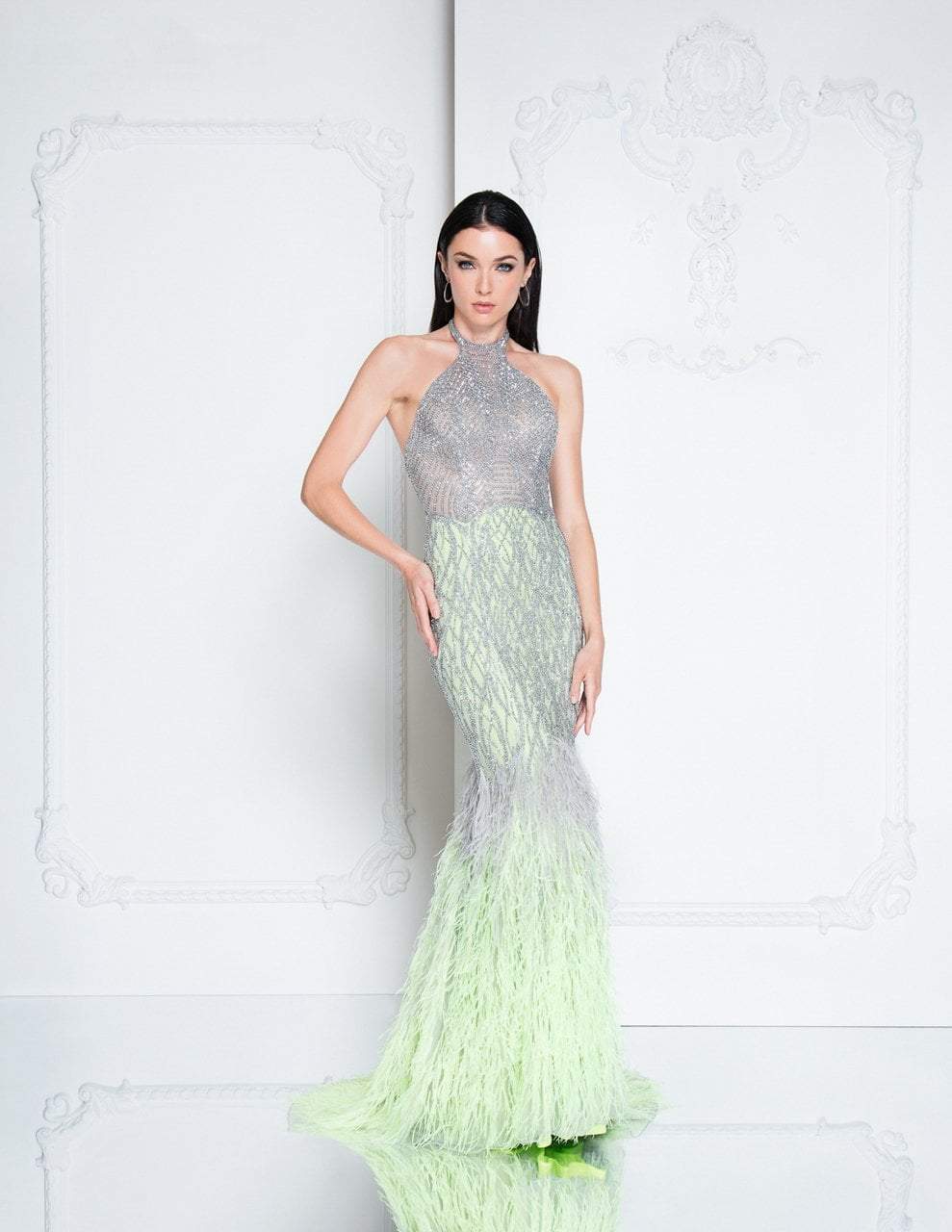 Terani Couture - 1811GL6407 Silver Embellished Halter Mermaid Dress In Silver and Green