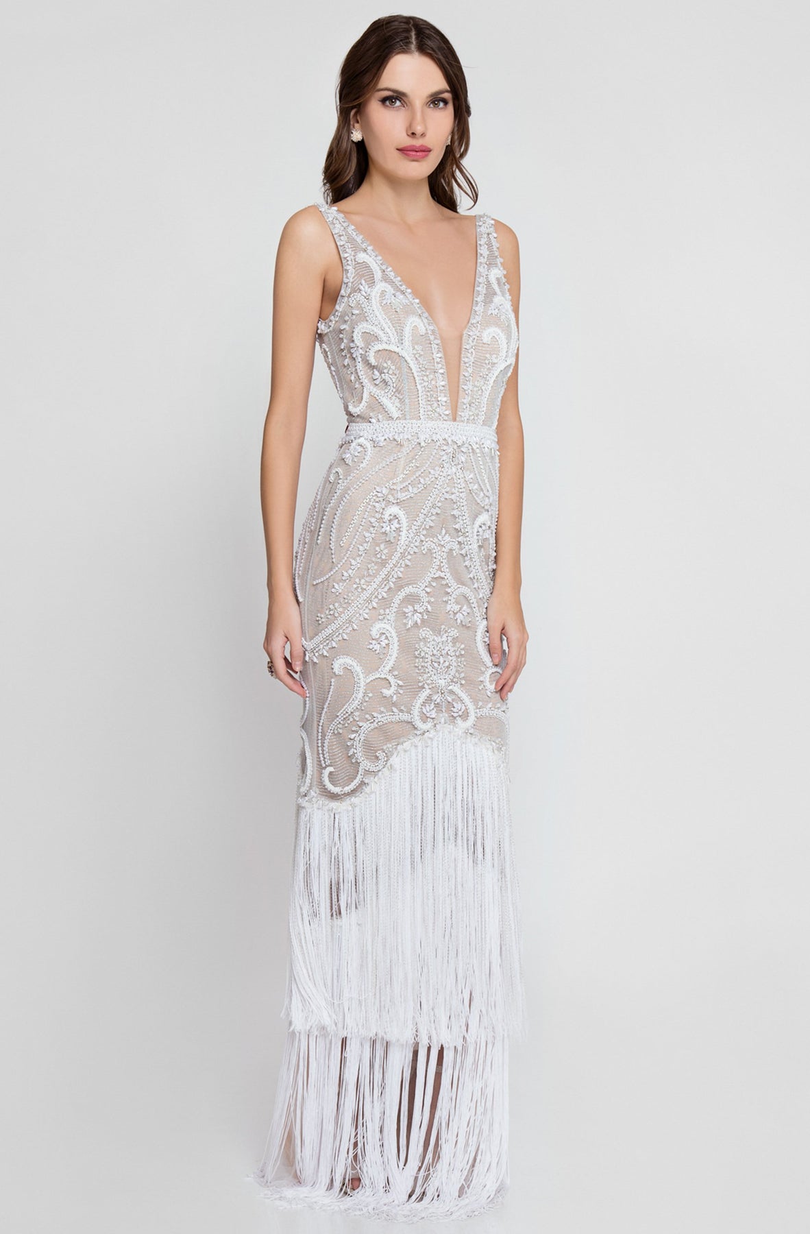 Terani Couture - 1811GL6472 Embellished Fringed Evening Dress In White