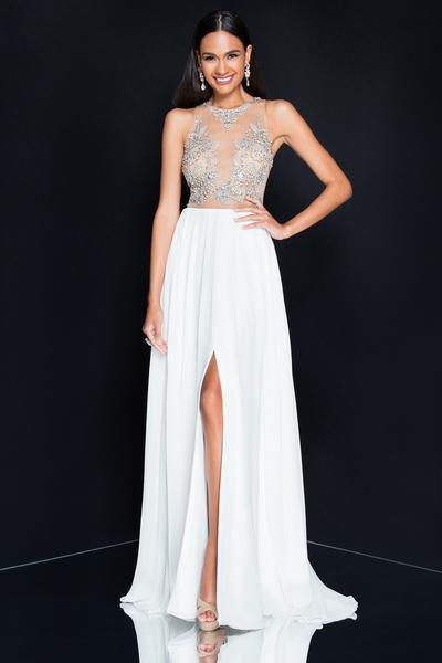 Terani Couture - 1811P5215 Beaded Nude Illusion Chiffon Gown In White and Neutral