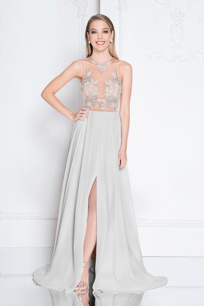 Terani Couture - 1811P5215 Beaded Nude Illusion Chiffon Gown In Silver and Neutral