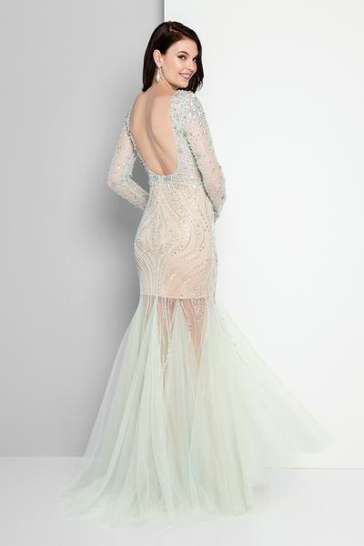 Terani Couture - 1811P5506 Beaded Nude Illusion Tulle Mermaid Gown In Green and Neutral