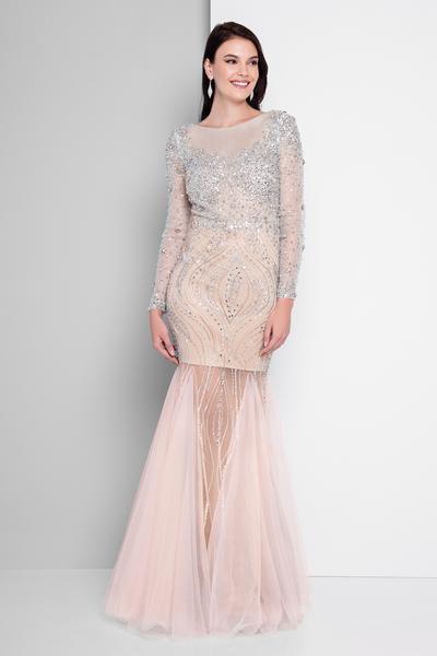 Terani Couture - 1811P5506 Beaded Nude Illusion Tulle Mermaid Gown In Pink and Neutral