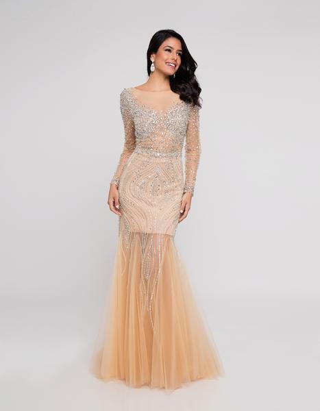 Terani Couture - 1811P5506 Beaded Nude Illusion Tulle Mermaid Gown In Yellow and Neutral