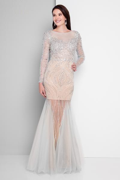 Terani Couture - 1811P5506 Beaded Nude Illusion Tulle Mermaid Gown In Green and Neutral
