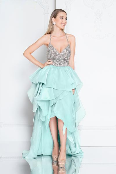 Terani Couture - 1811P5782 Beaded Bodice T-Strap Hi-Lo Prom Dress In Green