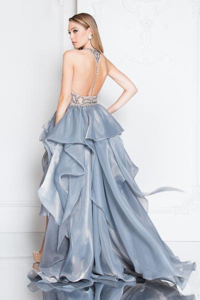 Terani Couture - 1811P5782 Beaded Bodice T-Strap Hi-Lo Prom Dress In Silver
