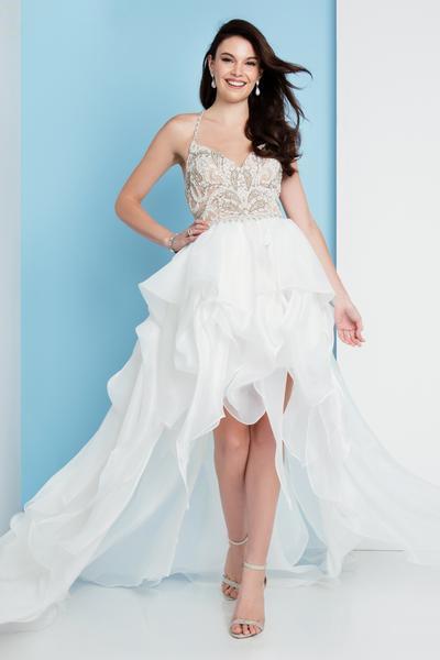 Terani Couture - 1811P5782 Beaded Bodice T-Strap Hi-Lo Prom Dress In White