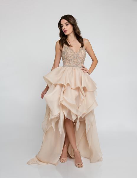 Terani Couture - 1811P5782 Beaded Bodice T-Strap Hi-Lo Prom Dress In Neutral