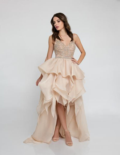 Terani Couture - 1811P5782 Beaded Bodice T-Strap Hi-Lo Prom Dress In Neutral