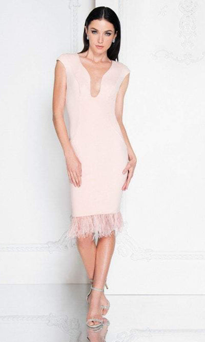 Terani Couture - 1811C6011SC Modified Neck Bodycon Fringed Dress In Pink