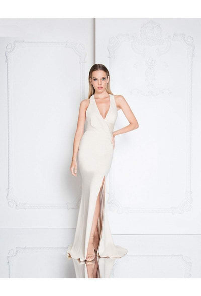 Terani Couture - 1811E6103 Surplice Bodice Sheath Gown In Neutral