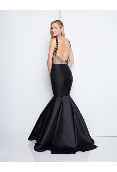 Terani Couture - 1811P5229 Beaded Plunging V-Neck Mermaid Gown In Black and Nude
