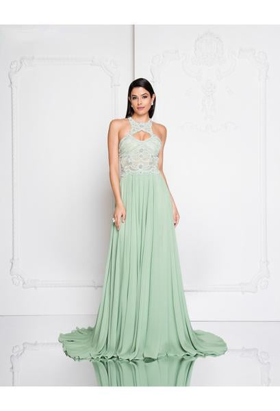 Terani Couture - 1812P5393 Embellished Halter Chiffon A-line Dress In Green