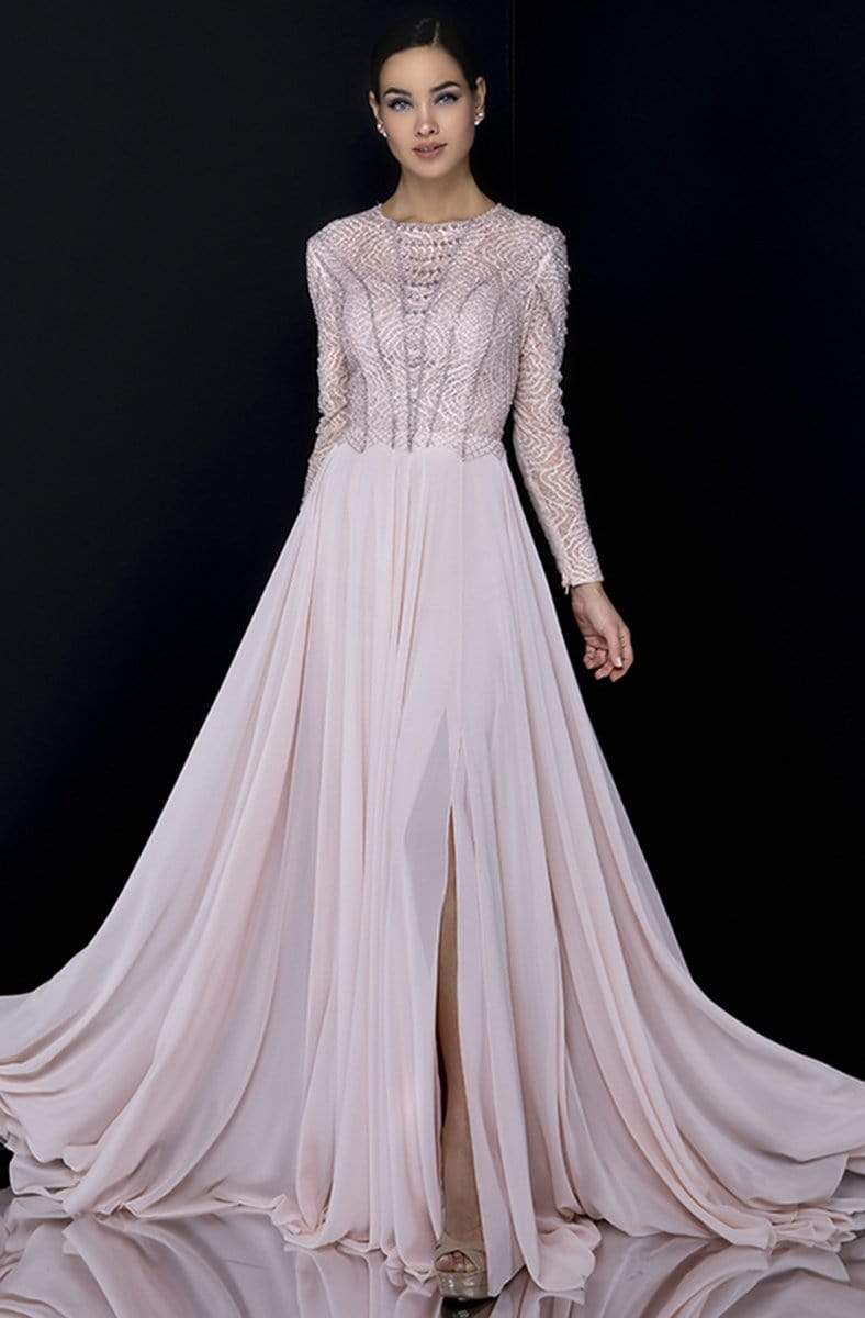 Terani Couture - 1813M6703 Shimmering Long Sleeve Evening Gown In Pink