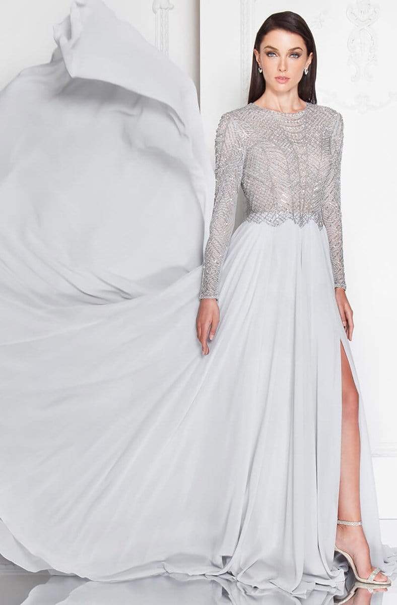 Terani Couture - 1813M6703 Shimmering Long Sleeve Evening Gown Evening Dresses 00 / Antique Silver