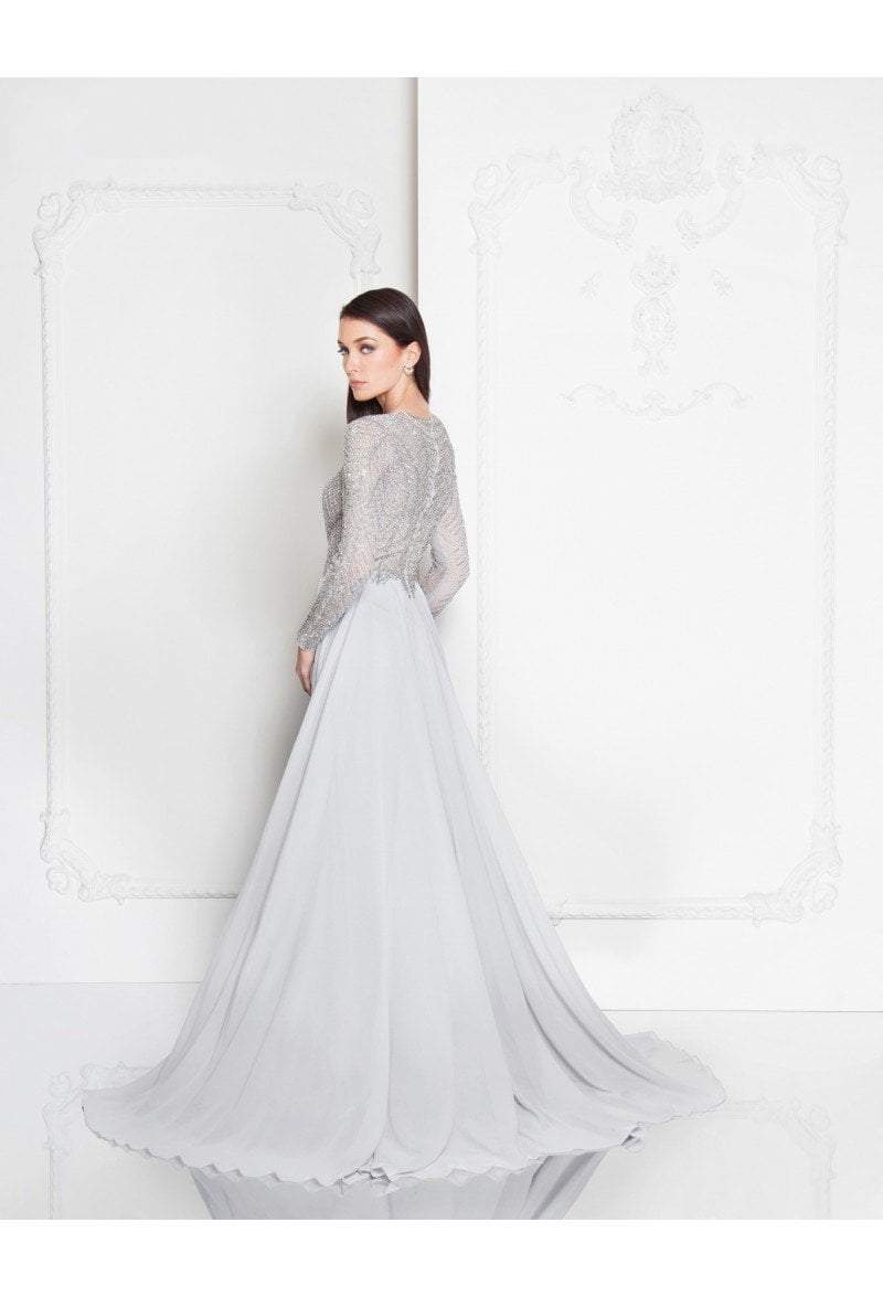Terani Couture - 1813M6703 Shimmering Long Sleeve Evening Gown In Silver