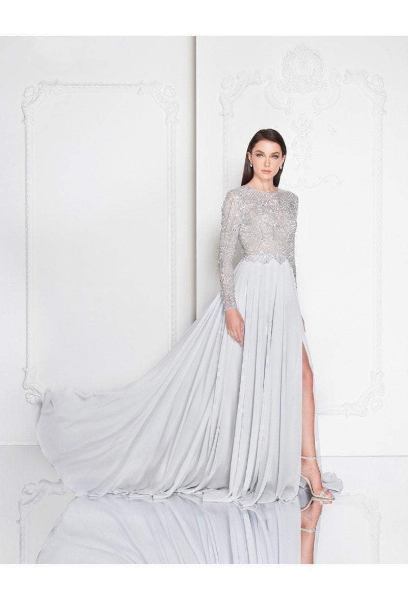 Terani Couture - 1813M6703 Shimmering Long Sleeve Evening Gown In Silver