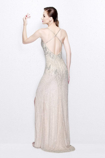 Primavera Couture - Sequined V-Neck Sheath Gown with Crisscrossed Straps 1818 in Neutral