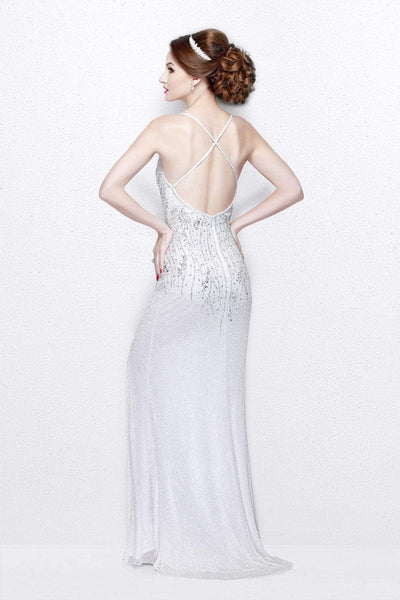 Primavera Couture - Sequined V-Neck Sheath Gown with Crisscrossed Straps 1818 in White