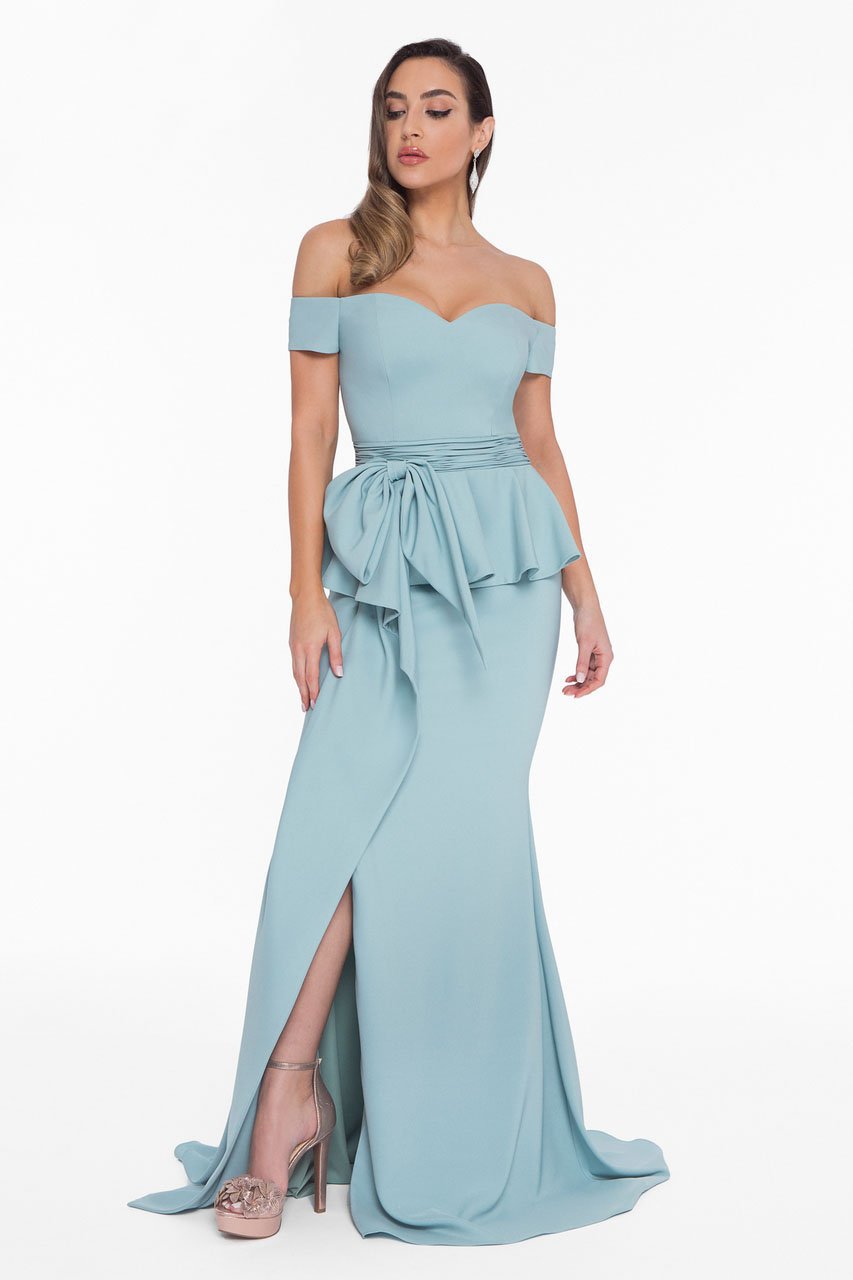 Terani Couture - 1821E7126 Sweetheart Peplum Detailed Trumpet Dress in Blue and Green