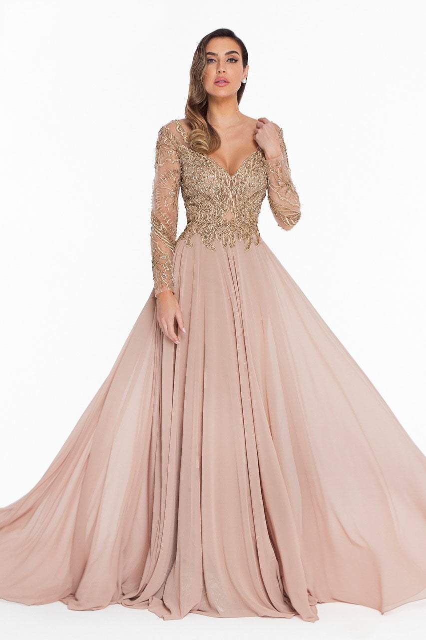 Terani Couture - 1821M7563 Beaded Long Sleeve Chiffon A-line Gown in Gold and Neutral