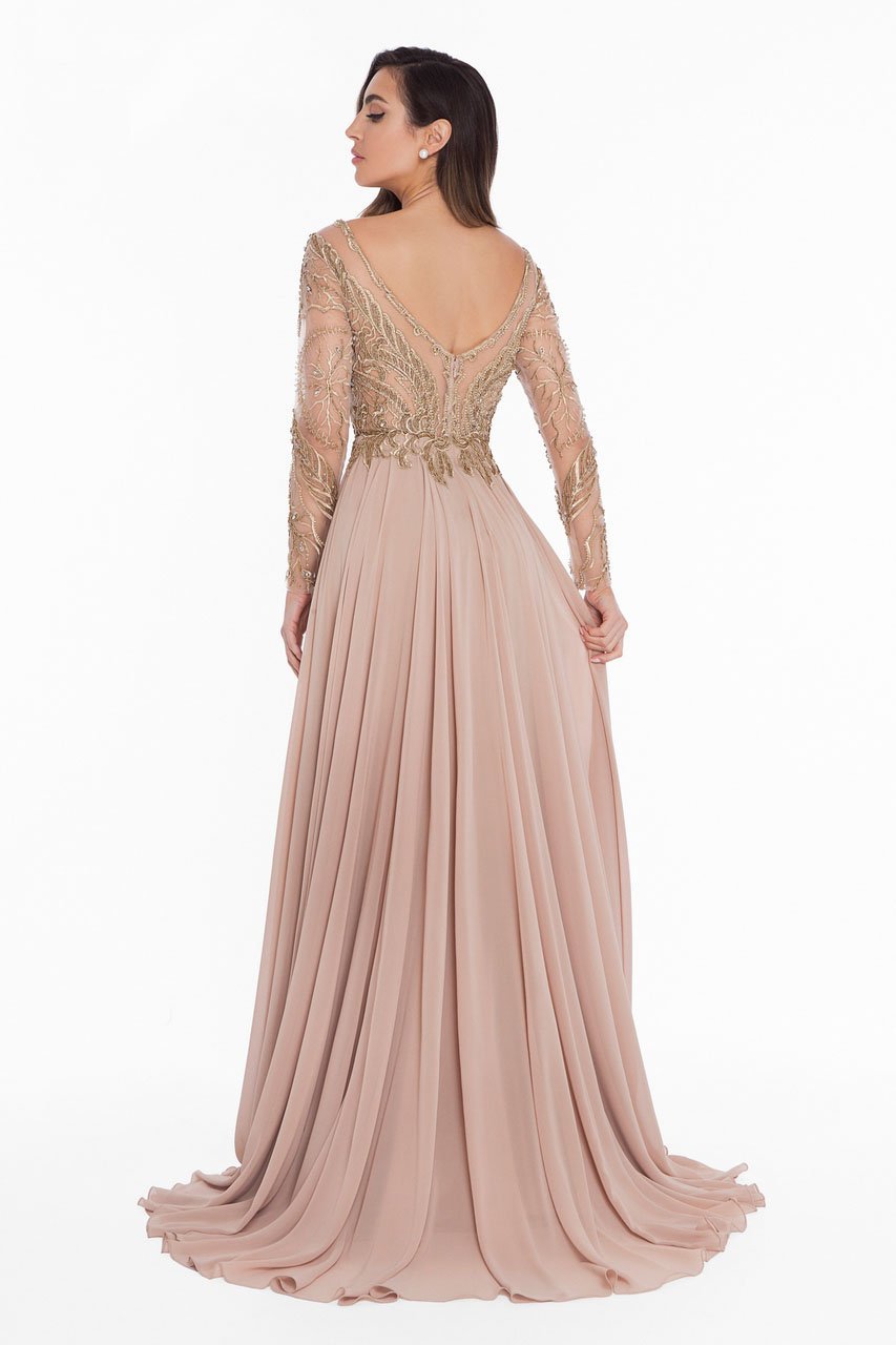 Terani Couture - 1821M7563 Beaded Long Sleeve Chiffon A-line Gown in Gold and Neutral
