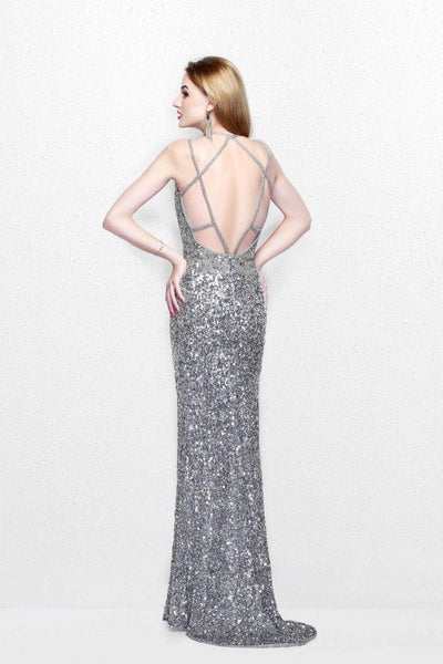 Primavera Couture - Beaded V-Neck Long Gown with a Slit 1824 in Gray