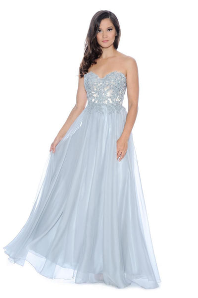 Decode 1.8 - Strapless Lace Bodies A-Line Gown 182889 in Silver and Neutral