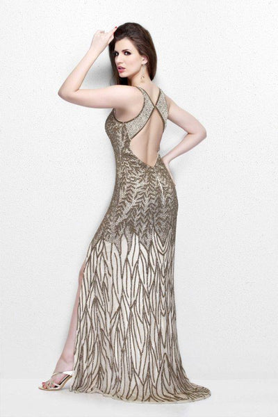 Primavera Couture - Sleeveless V-Neck Long Dress with Slit 1832 in Nude
