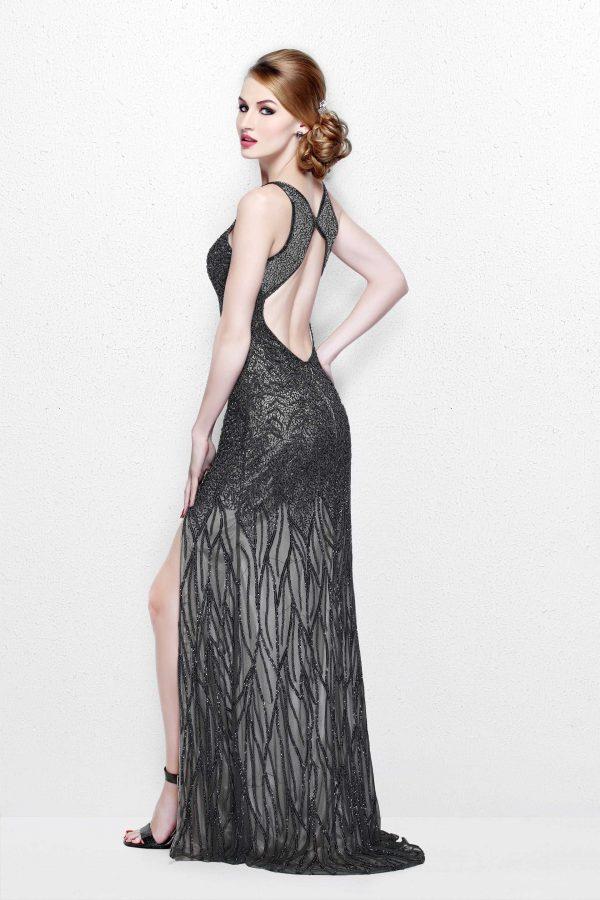 Primavera Couture - Sleeveless V-Neck Long Dress with Slit 1832 in Gray