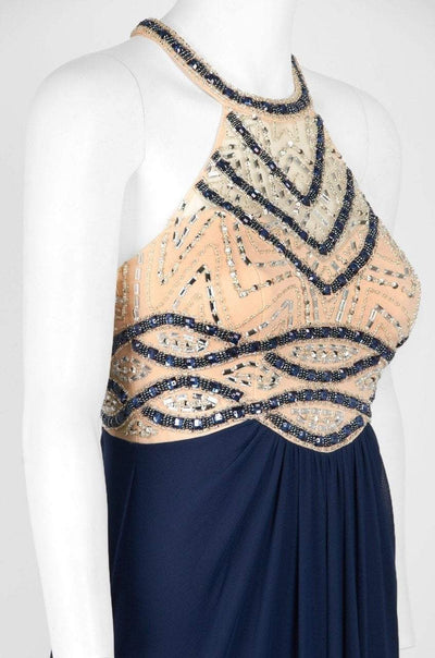 Decode - 183986 Bead Embellished Halter Neck Evening Dress in Blue and Neutral