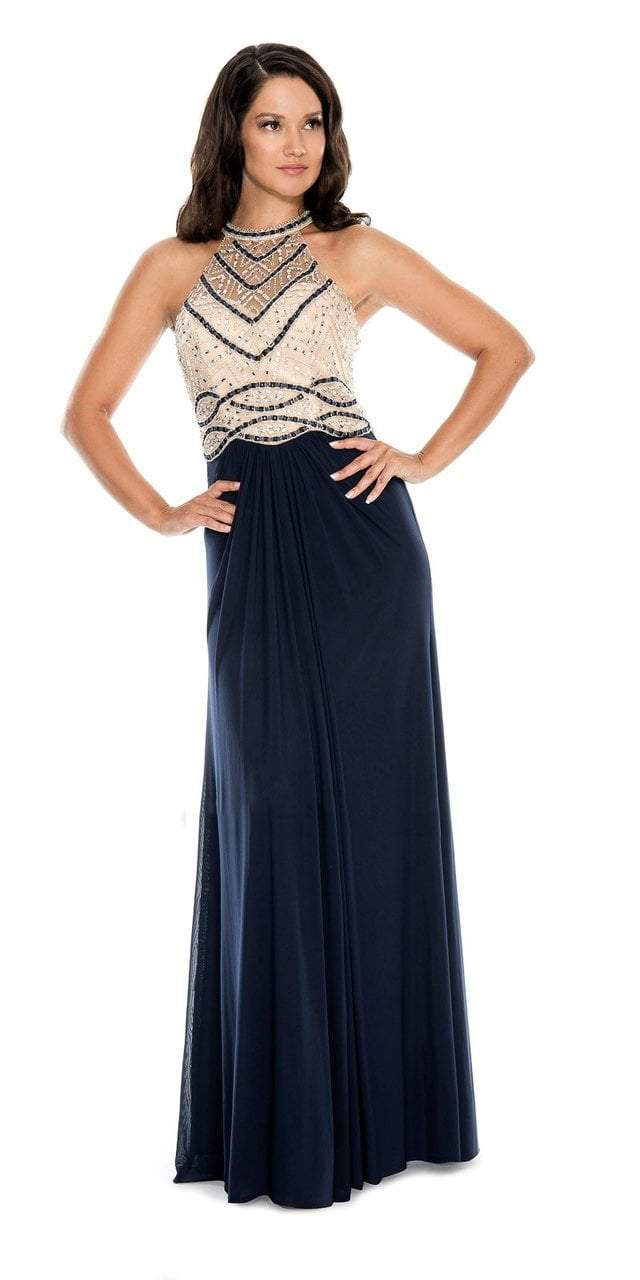 Decode - 183986 Bead Embellished Halter Neck Evening Dress in Blue and Neutral