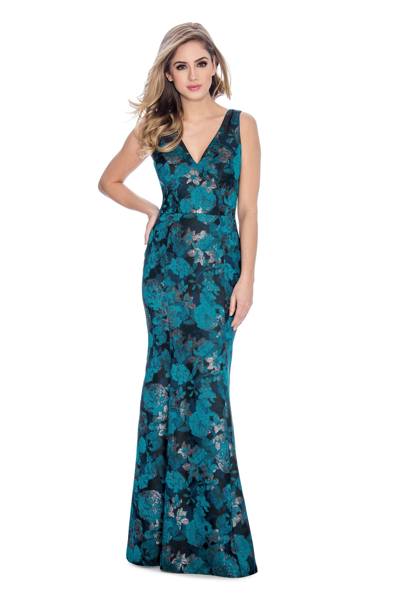 Decode 1.8 - 184659 Floral Print Jacquard Trumpet Dress In Green and Multi-Color