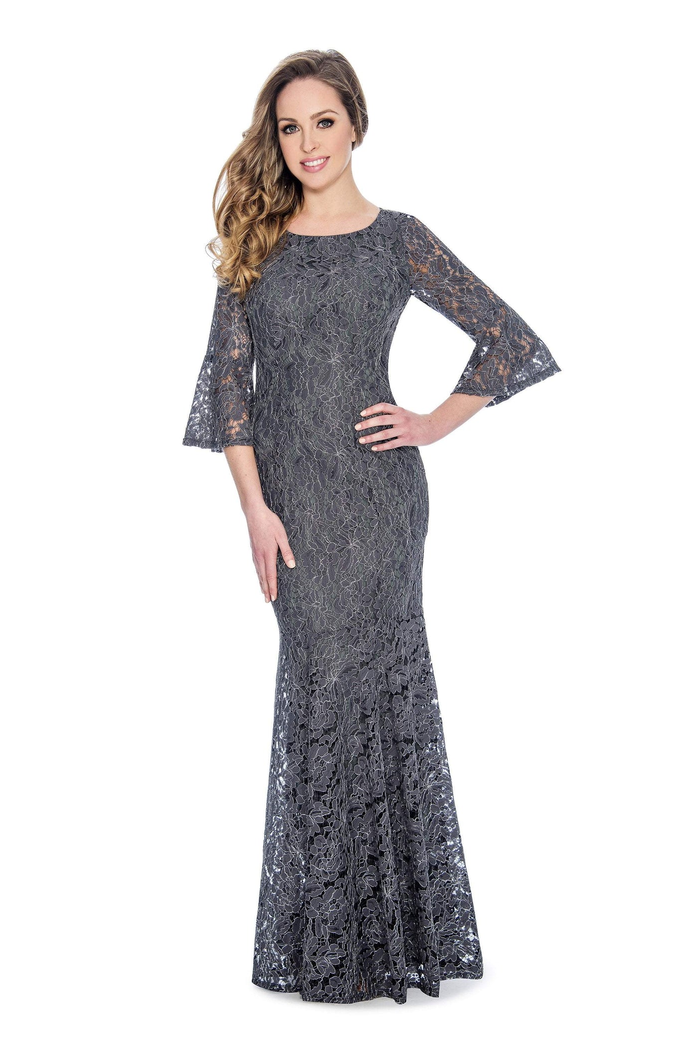 Decode 1.8 - 184672 Lace Embroidered Bell Sleeve Trumpet Dress In Gray