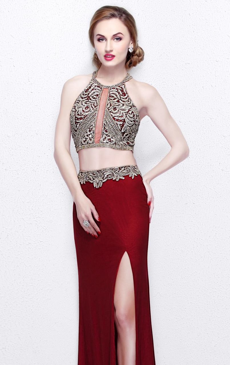 Primavera Couture - Two Piece Halter Long Dress with Slit 1863 in Red