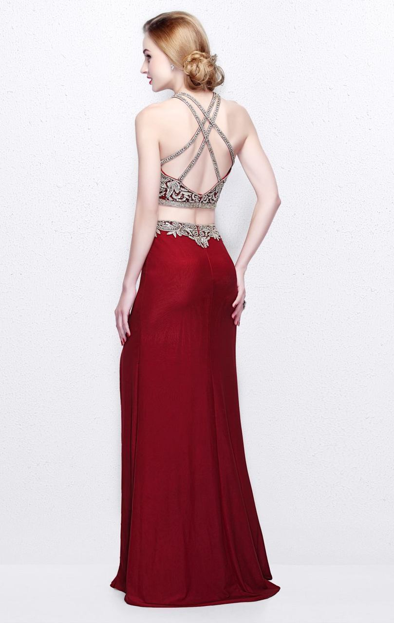 Primavera Couture - Two Piece Halter Long Dress with Slit 1863 in Red
