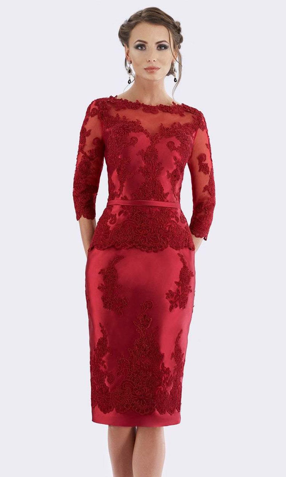 Feriani Couture - 18640 Sheer Neckline and Sleeved Lace Applique Sheath Dress - 1 pc Royal In Size 14 Available CCSALE 14 / Royal