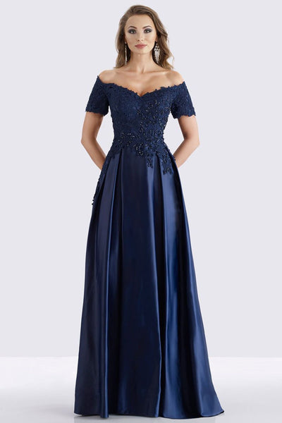 Feriani - Beaded Off Shoulder Pleated Evening Gown 18657 in Blue