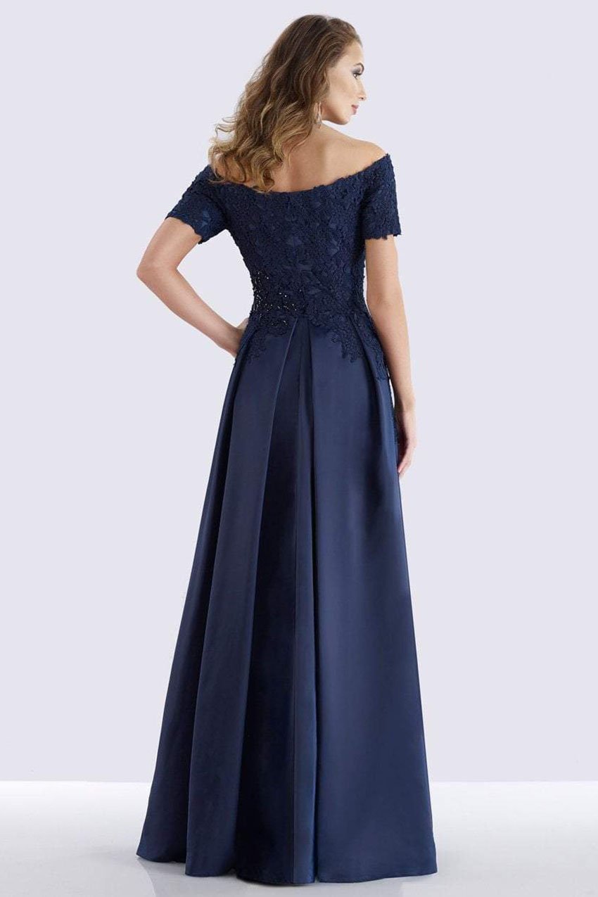 Feriani - Beaded Off Shoulder Pleated Evening Gown 18657 in Blue