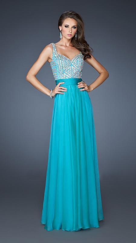 La Femme - Beaded Queen Anne Neck A-line Dress 18713 In Blue and Green
