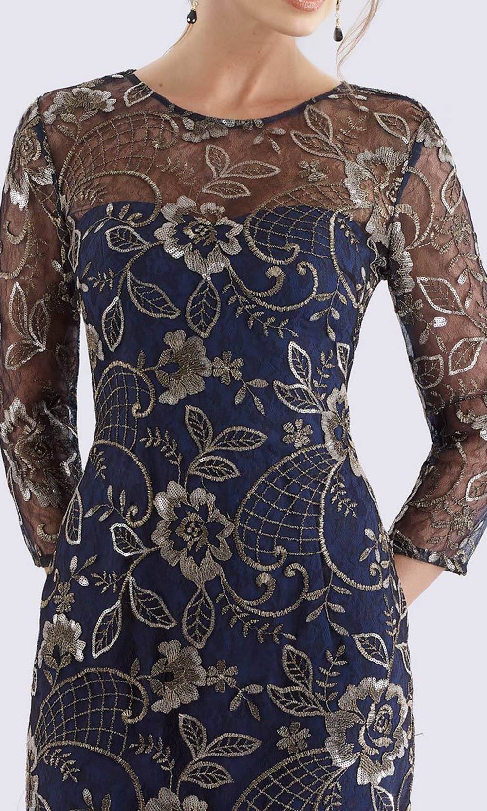 Feriani Couture - Gilt Floral Embroidered Quarter Sleeve Dress CCSALE 8 / Navy