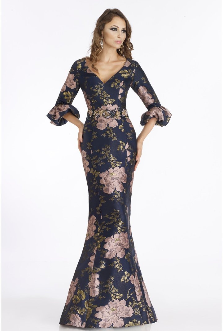 Feriani Couture - Floral Detailed V-neck Mermaid Dress 18905 In Blue